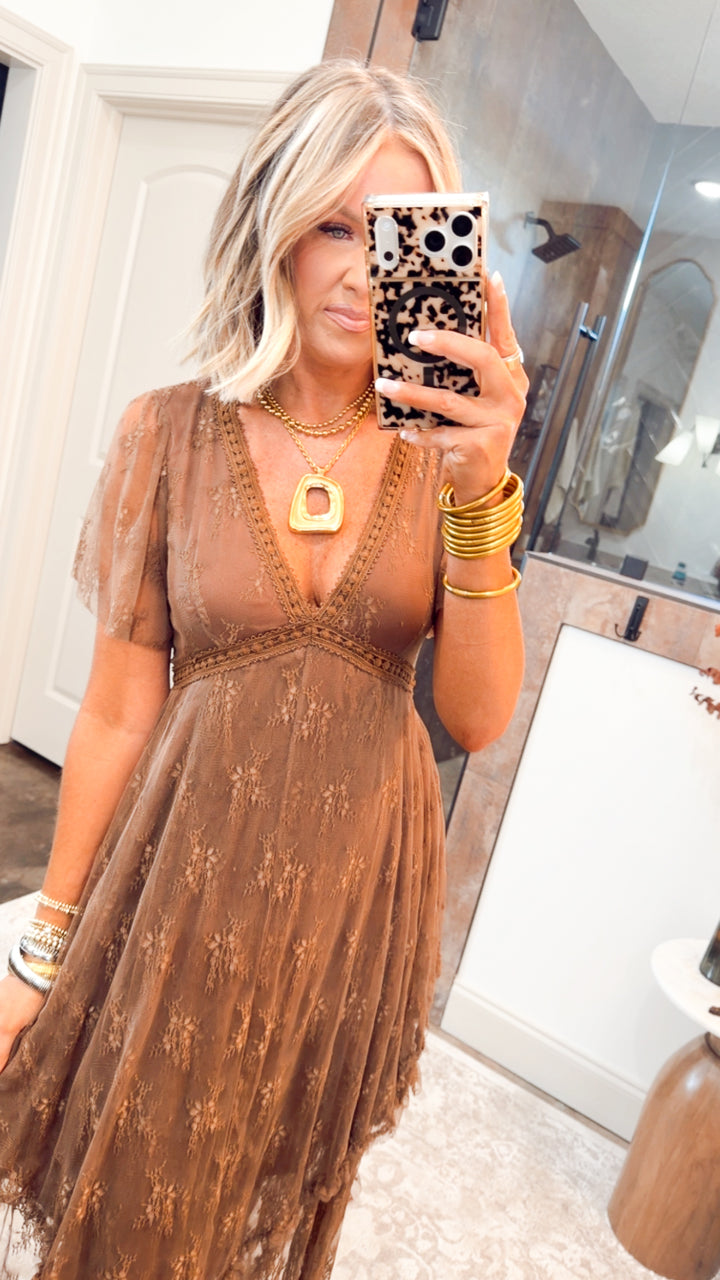 Embellished Lace Hem Dress-Brown