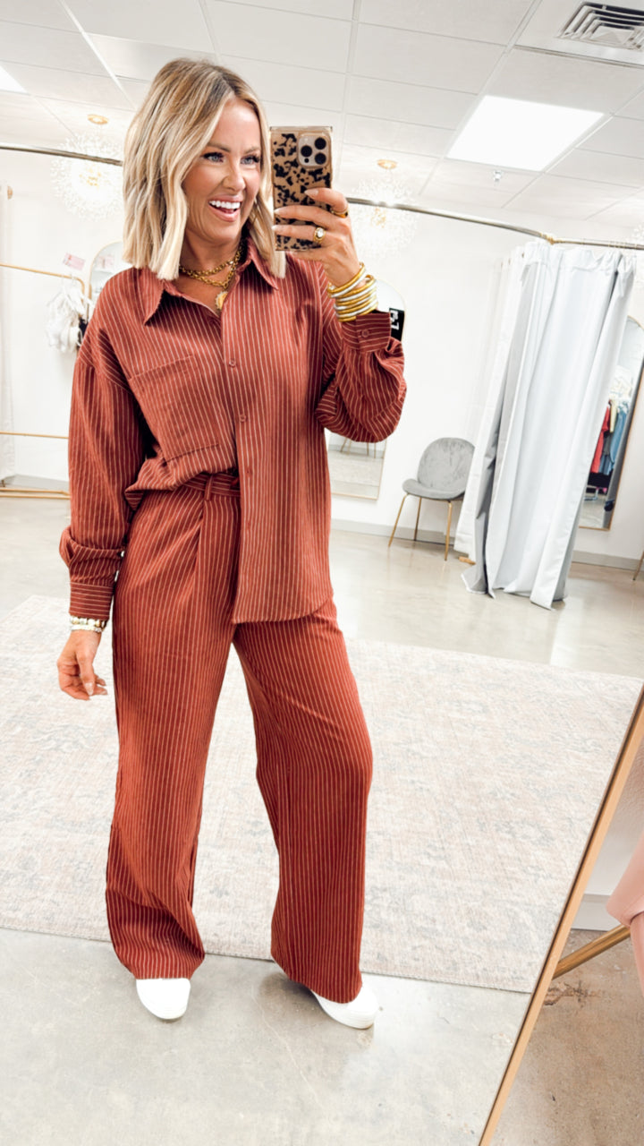 Lexi Pinstripe Top & Pants Set-Burgundy