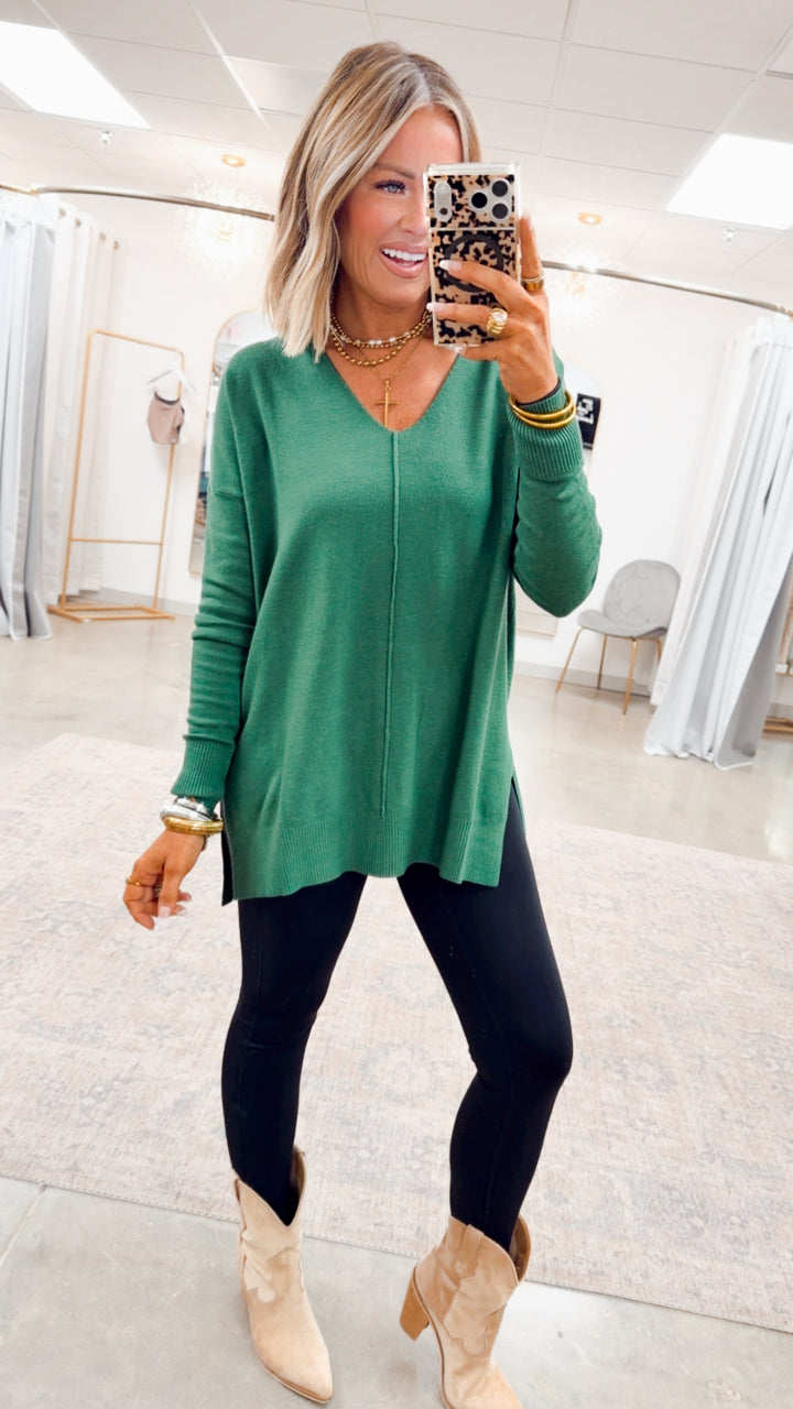 The Laramie Hi-Low Sweater- Dk Green