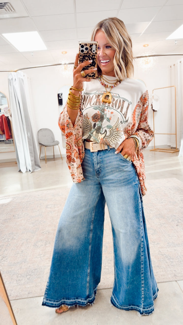 Rock N Roll Graphic Kantha Top-Bone