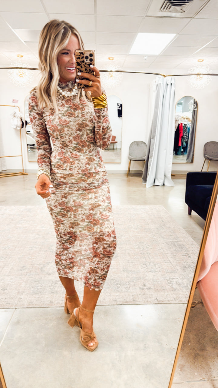 Autumn Floral Mesh Midi Dress