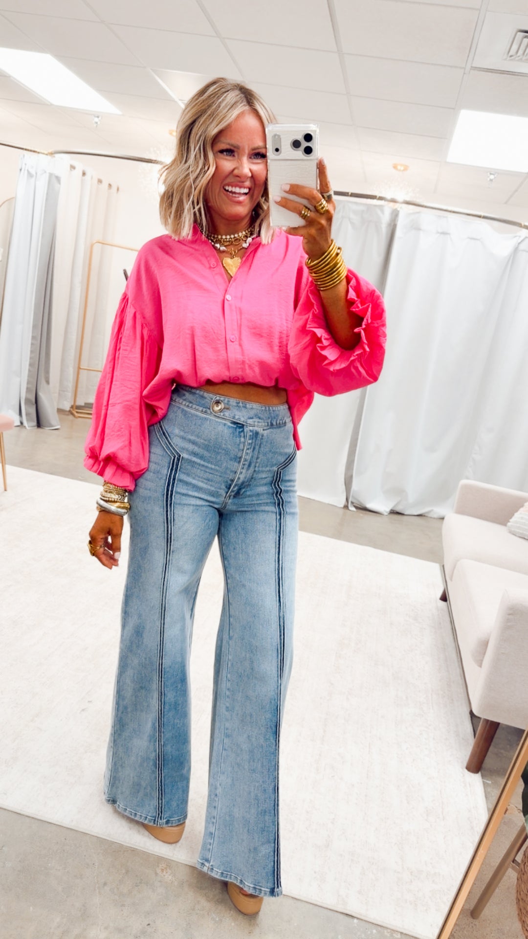 The Lucia Puff Sleeve Blouse-Fuchsia