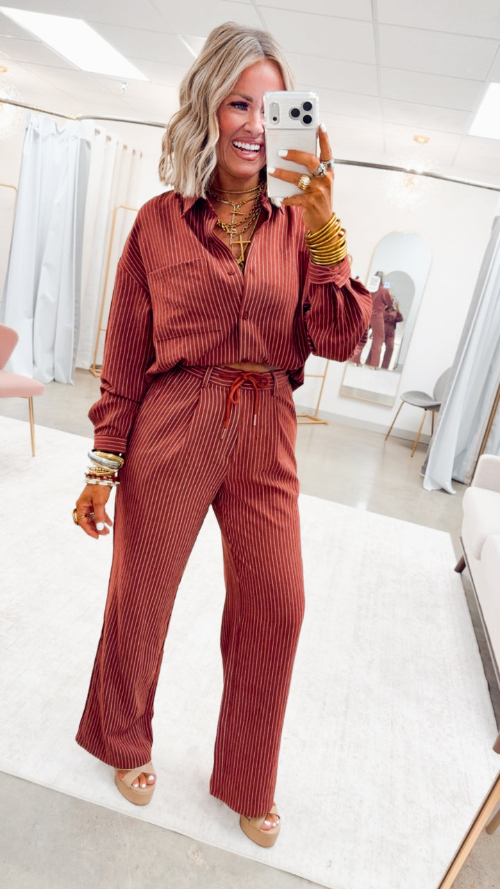 Lexi Pinstripe Top & Pants Set-Burgundy