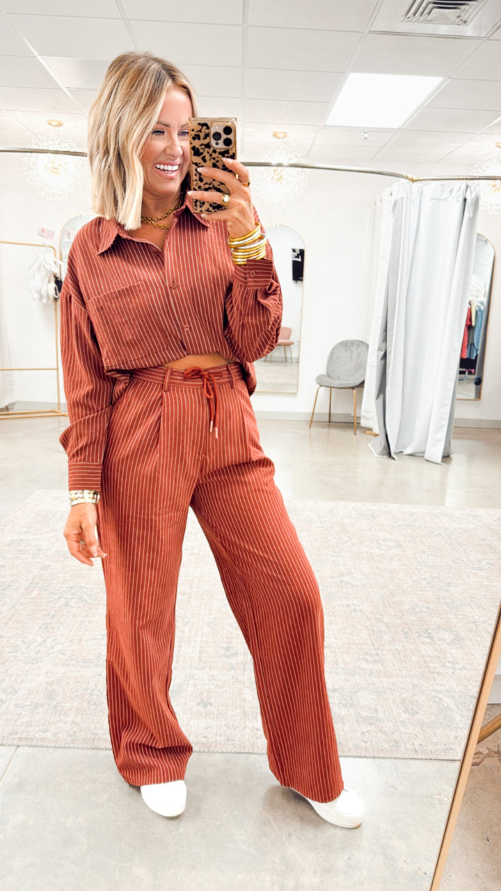 Lexi Pinstripe Top & Pants Set-Burgundy