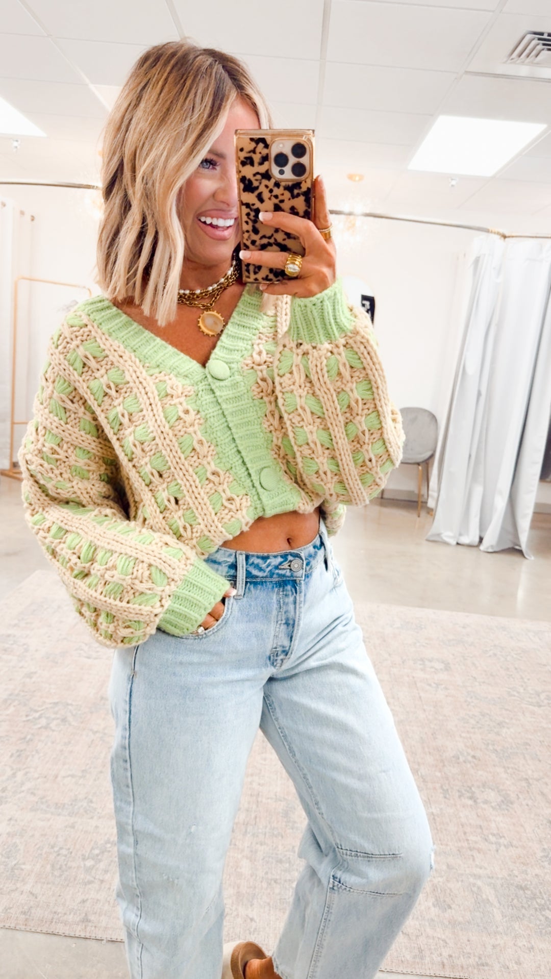 Chunky Lattice Cardigan-Green/Taupe