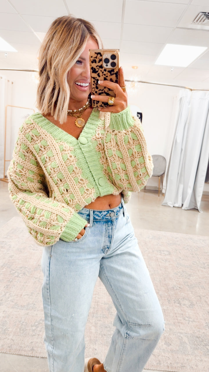 Chunky Lattice Cardigan-Green/Taupe