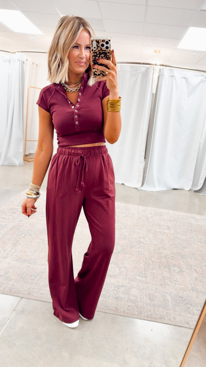 Evie Raglan Top & Pant Set-Wine