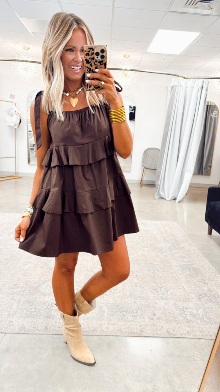 Millie Ruffle Mini Dress-Brown