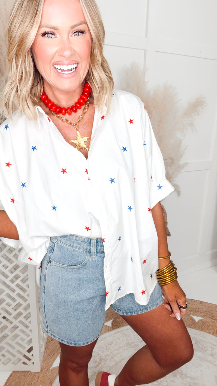 Embroidered Star Oversized Top-Red/White/Blue