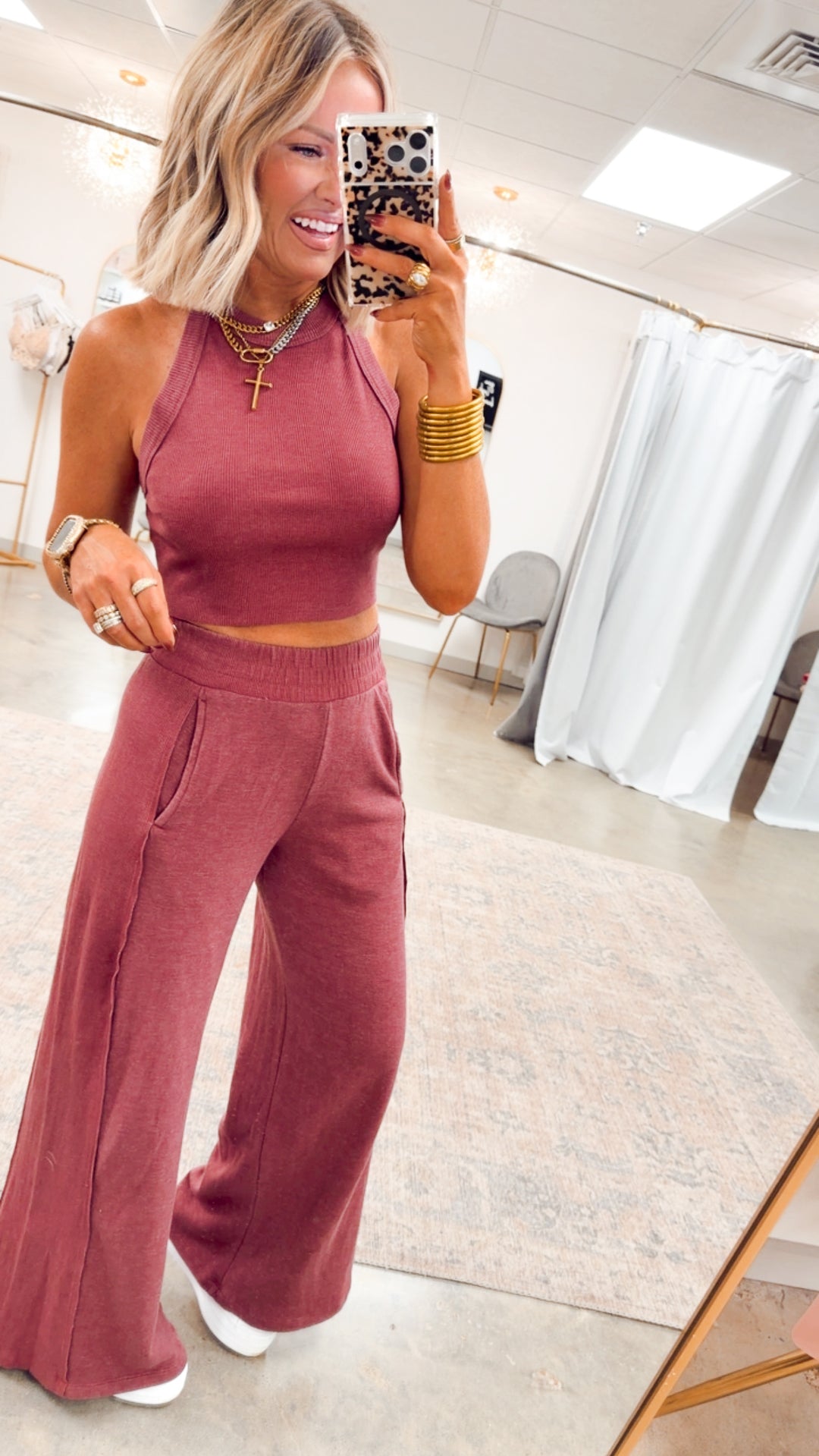 Harlow Halter Neck Crop Top & Pants Set-Wine