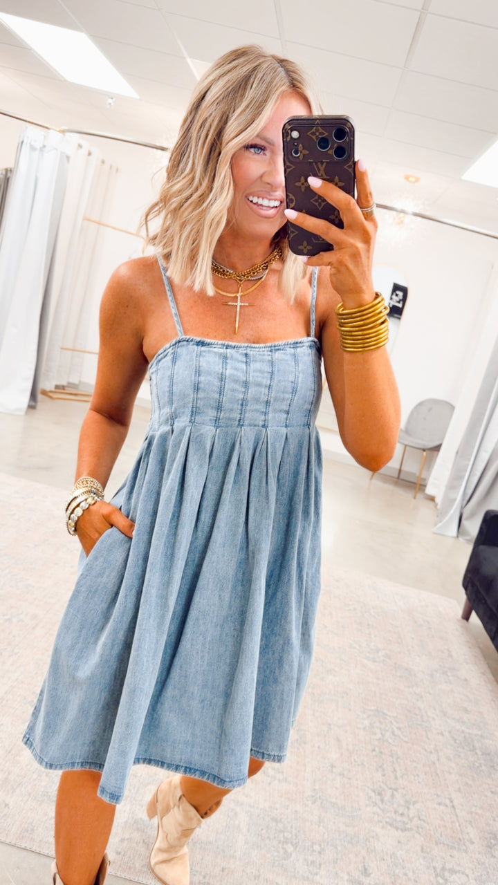 Teagan Pleated Mini Dress-Medium Denim