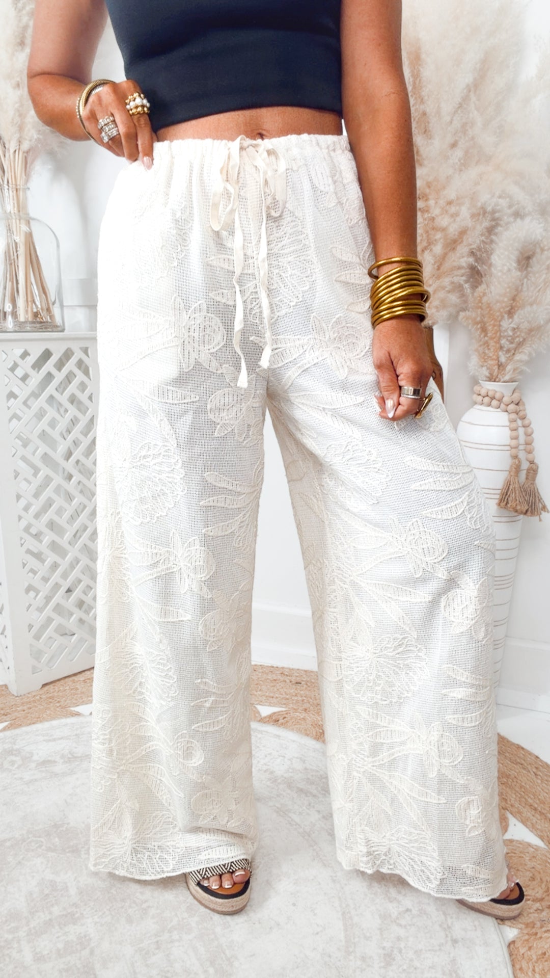 The Palm Petal Wide Leg Pants-Natural