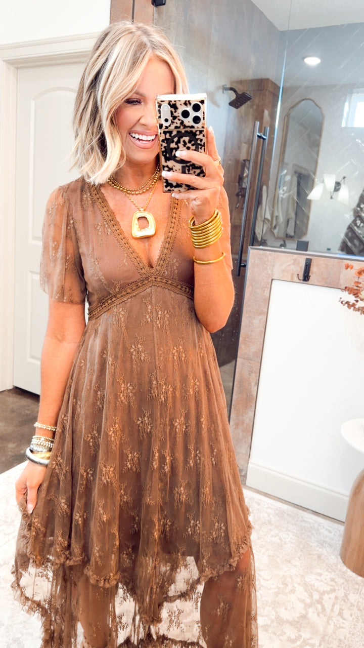 Embellished Lace Hem Dress-Brown