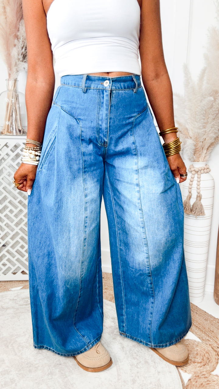The Beckham Pleated Wide Leg Jean-Light Denim