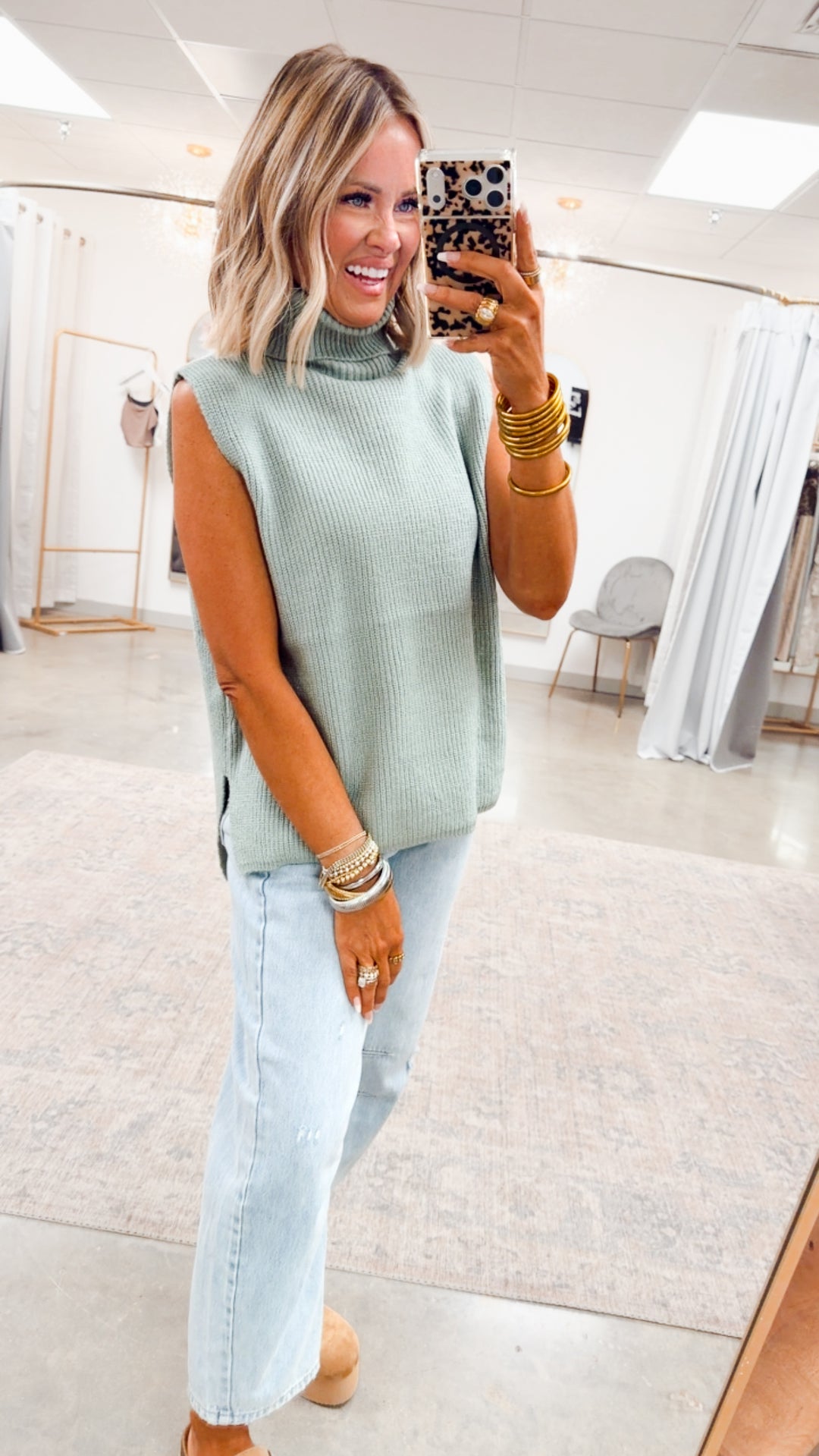 Sleeveless Turtleneck Sweater Vest-Sage