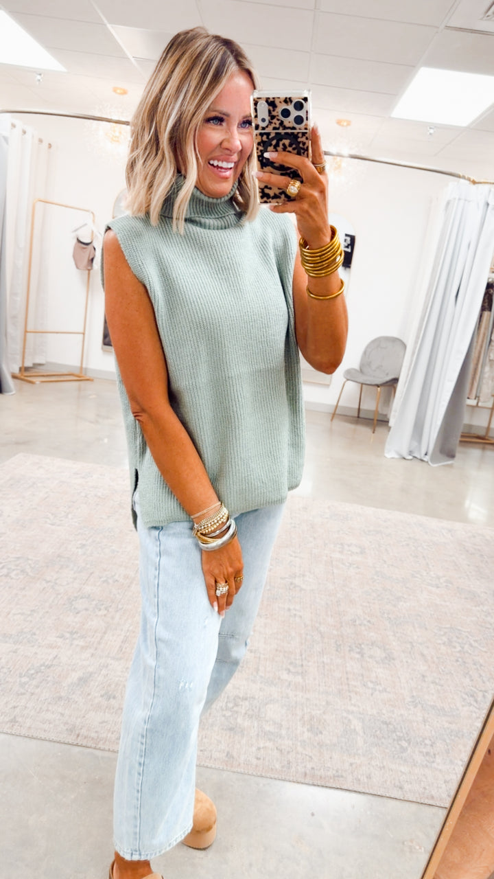 Sleeveless Turtleneck Sweater Vest-Sage