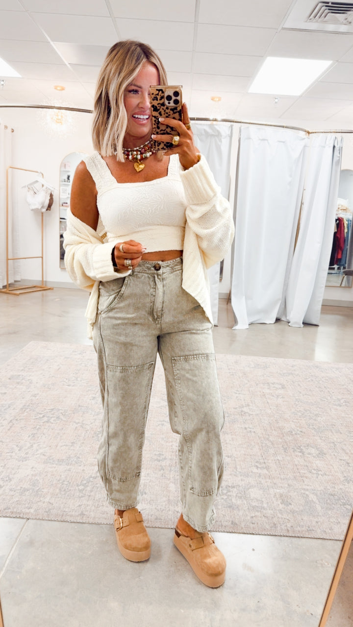 Olive Grove Mineral Wash Barrel Jeans