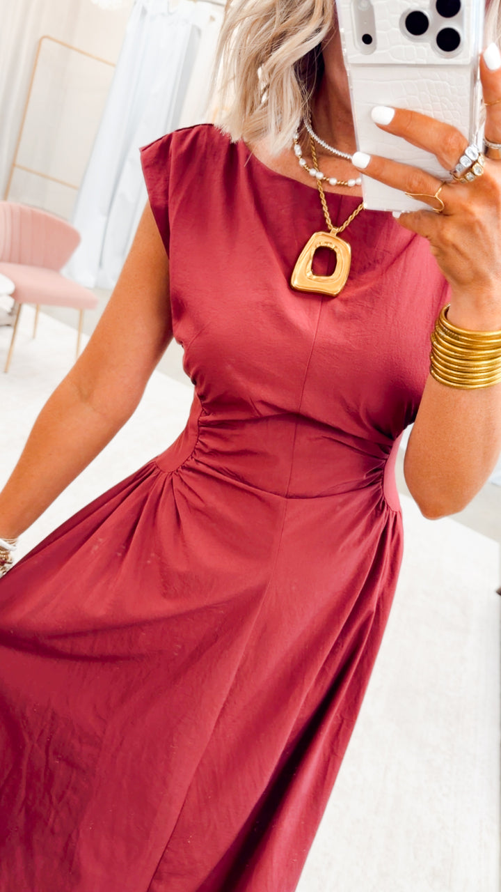 Marigold Ruched Midi Dress-Wine