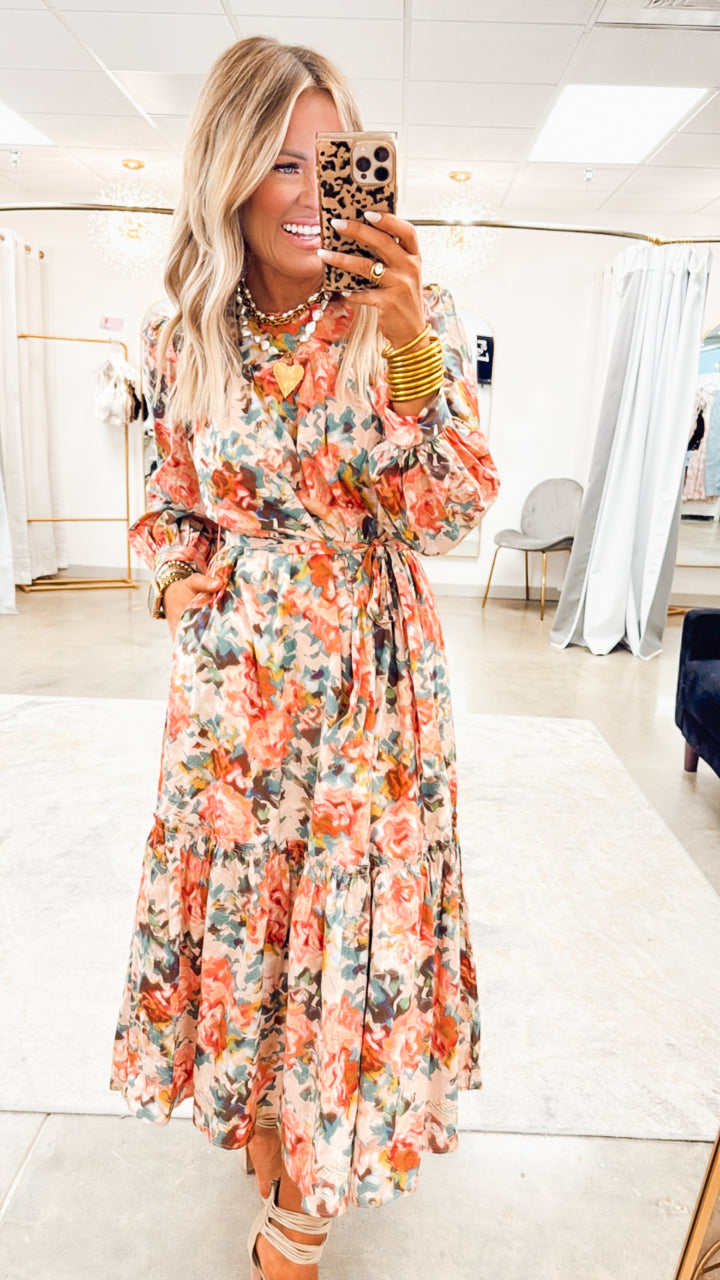 Copper Blooms Midi Dress
