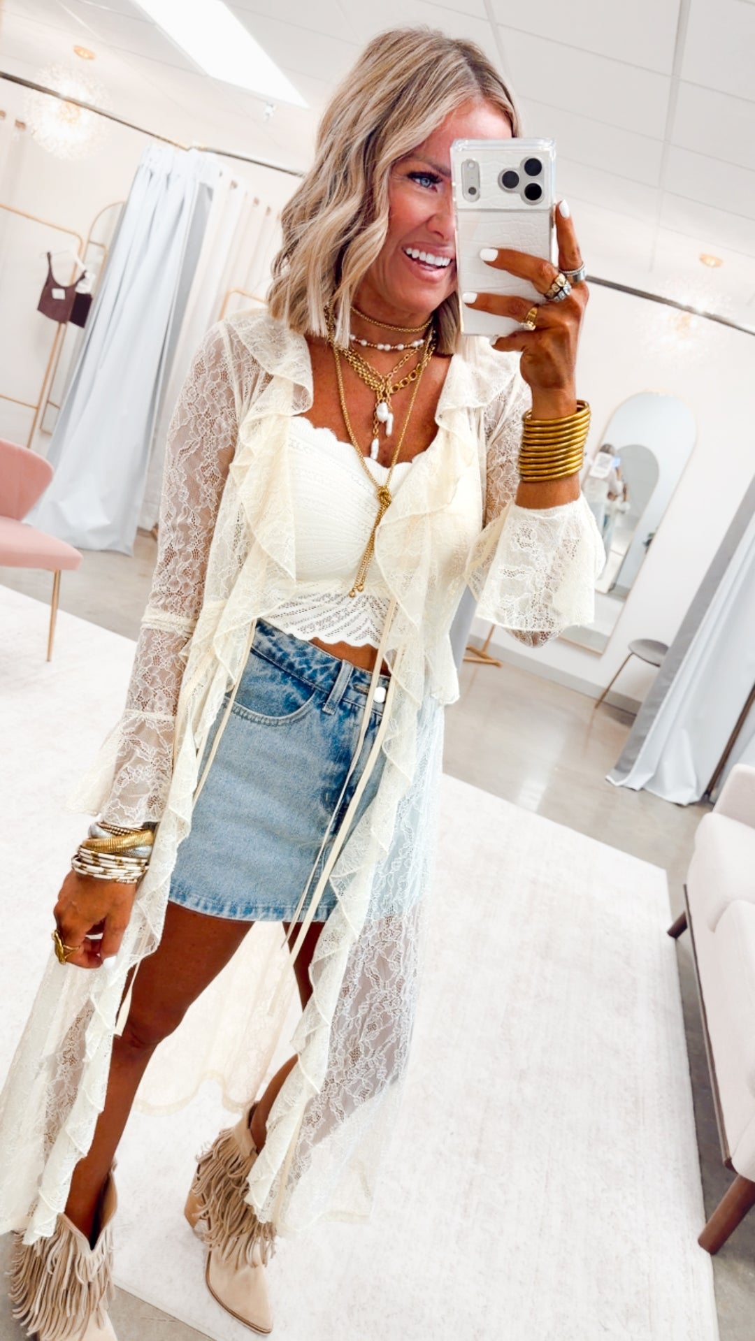 Sheer Lace Ruffle Duster-Ecru