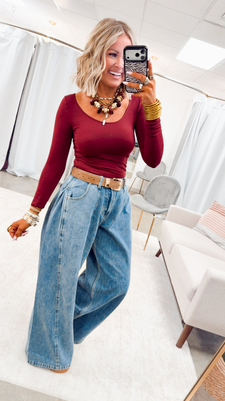 Basic Long Sleeve Scoop Neck Top-Burgundy
