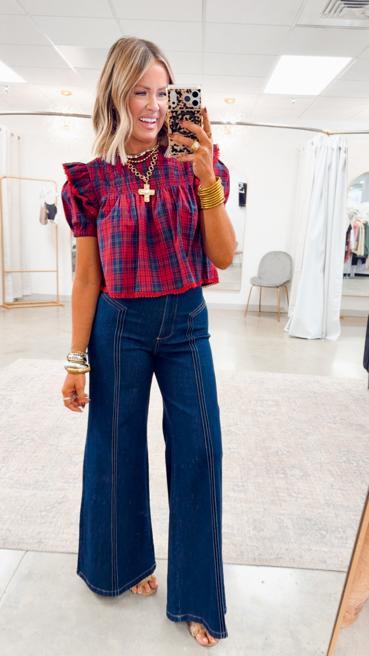 Plaid Tidings Top-Red/Navy