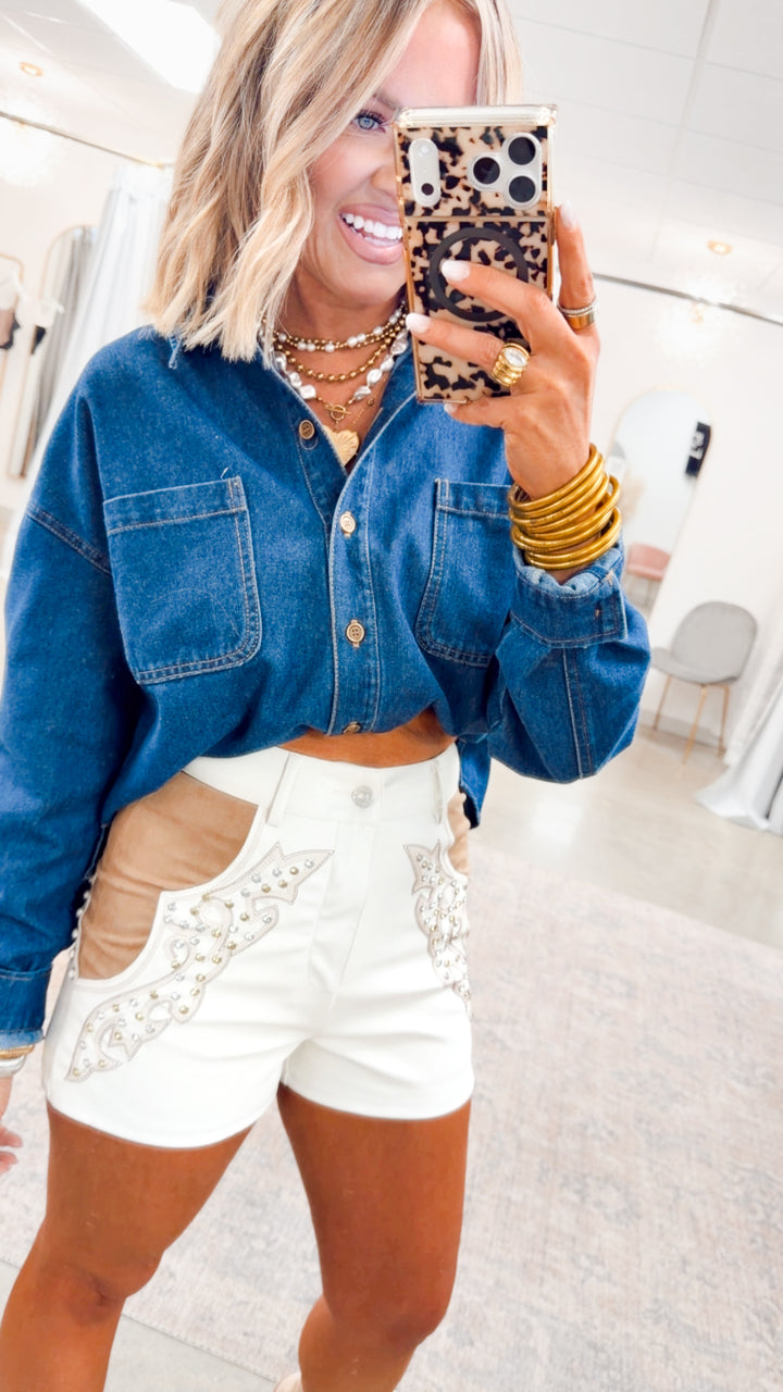 Faux Leather Rhinestone Studs Shorts