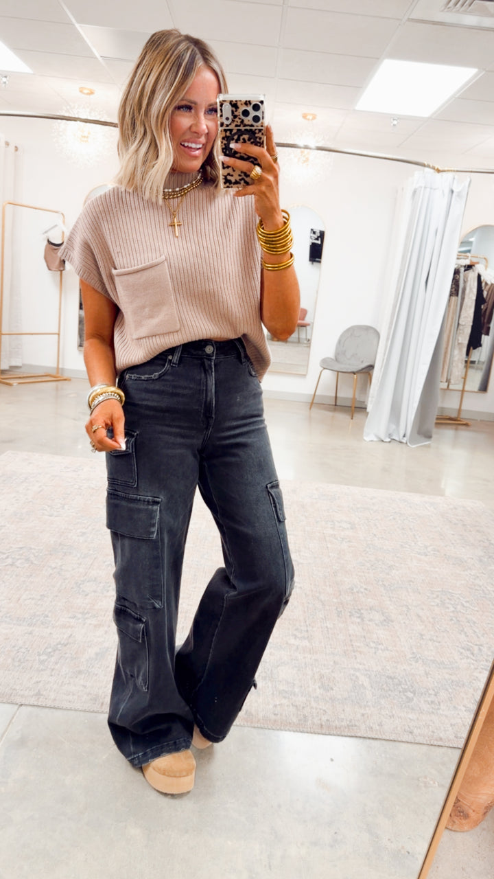 Dani Ribbed Short Sleeve Sweater-Taupe