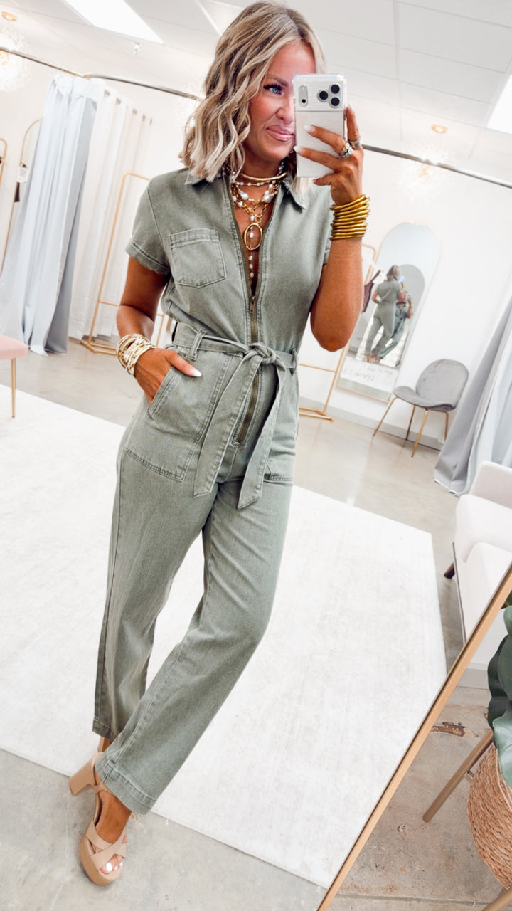 The Maverick Denim Jumpsuit-Olive