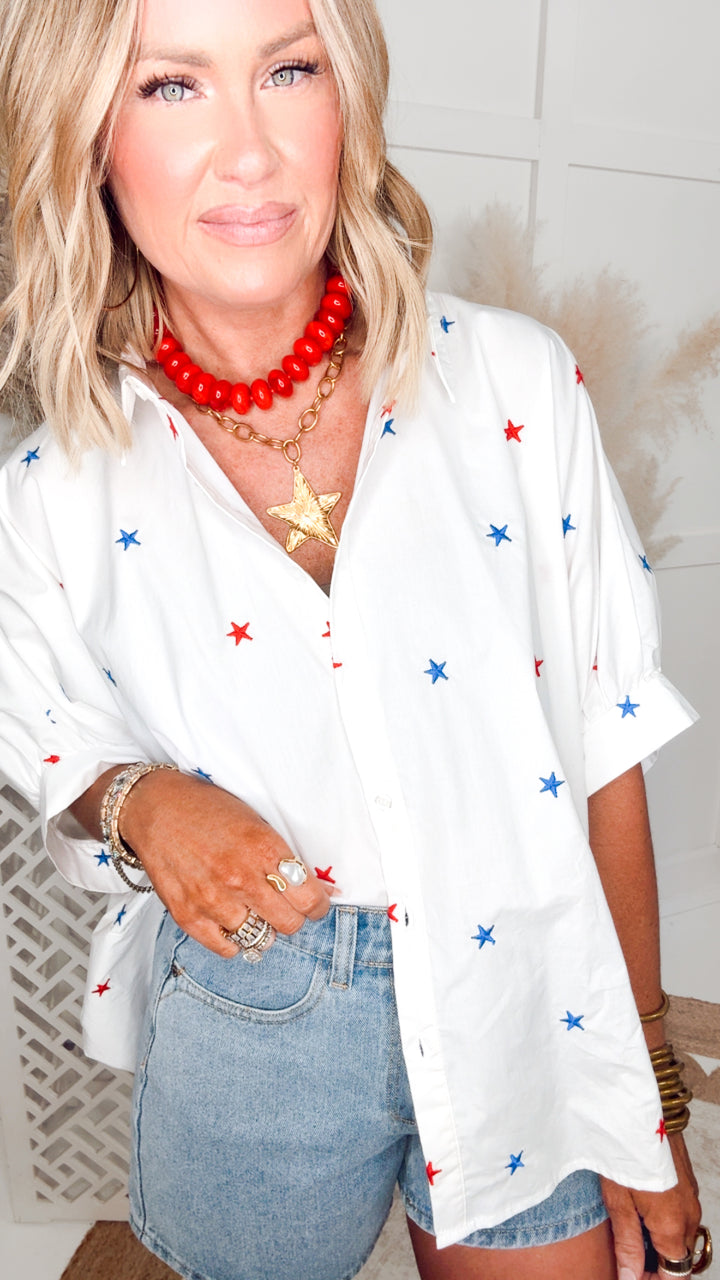 Embroidered Star Oversized Top-Red/White/Blue