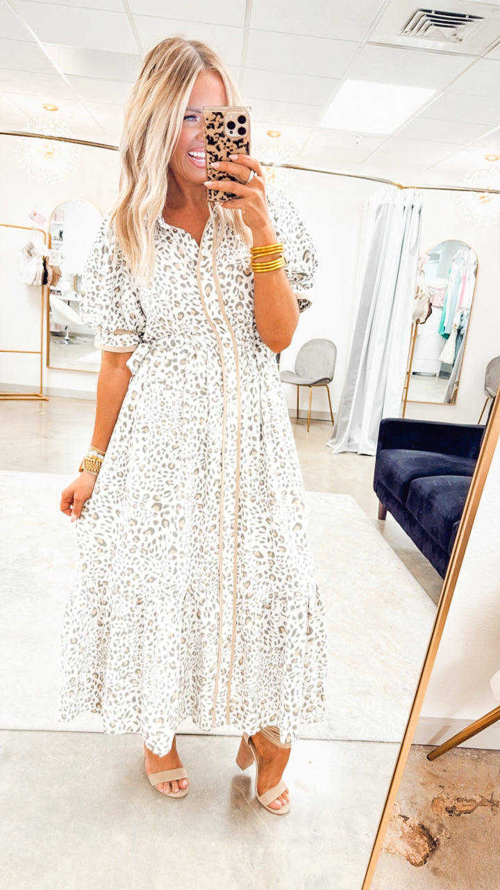 Cinched Leopard Midi Dress