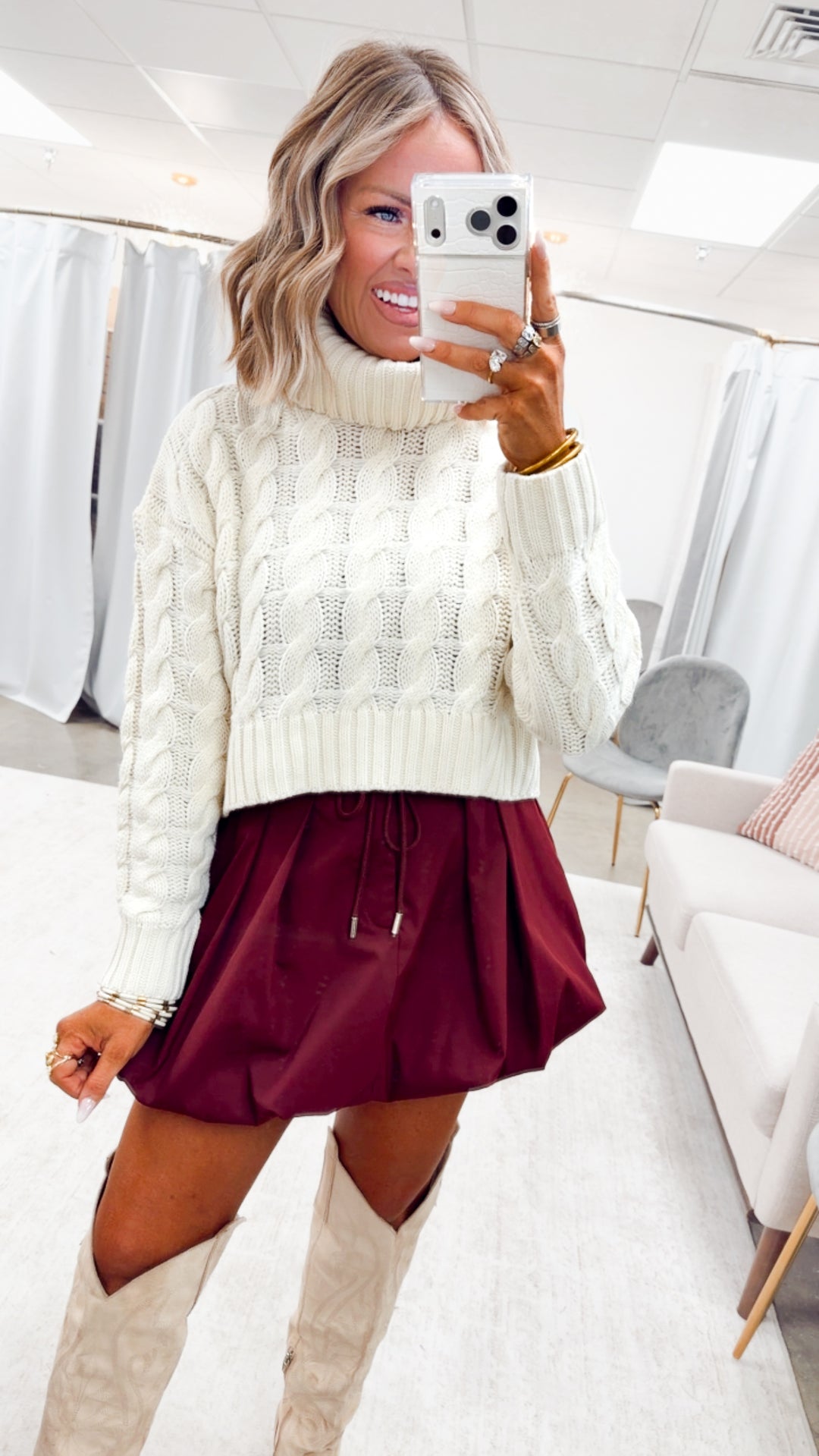 Pleated Bubble Hem Skirt-Maroon