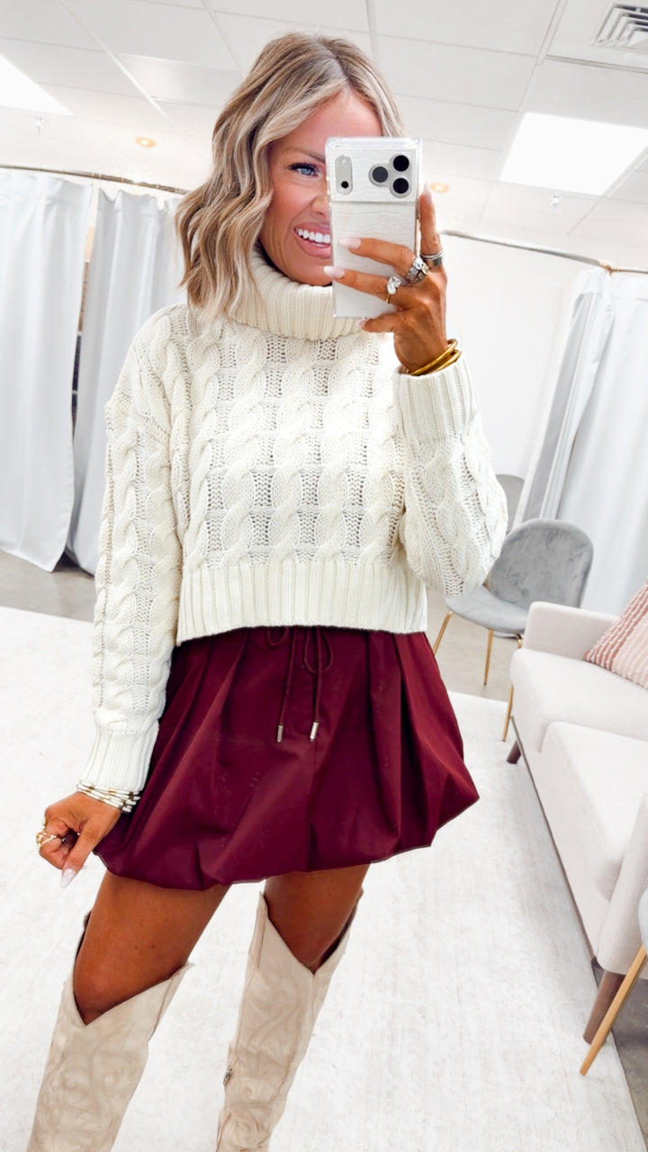 Pleated Bubble Hem Skirt-Maroon