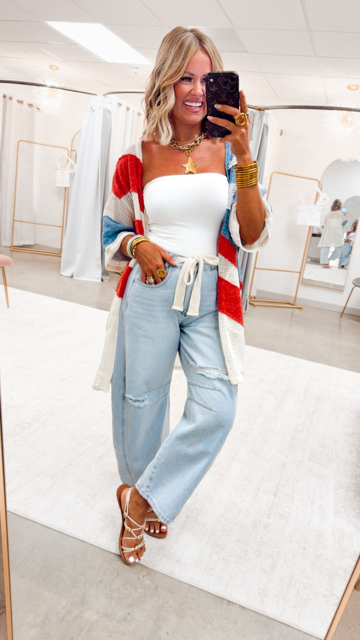 Emmie Eyelet Belted Barrel Jeans