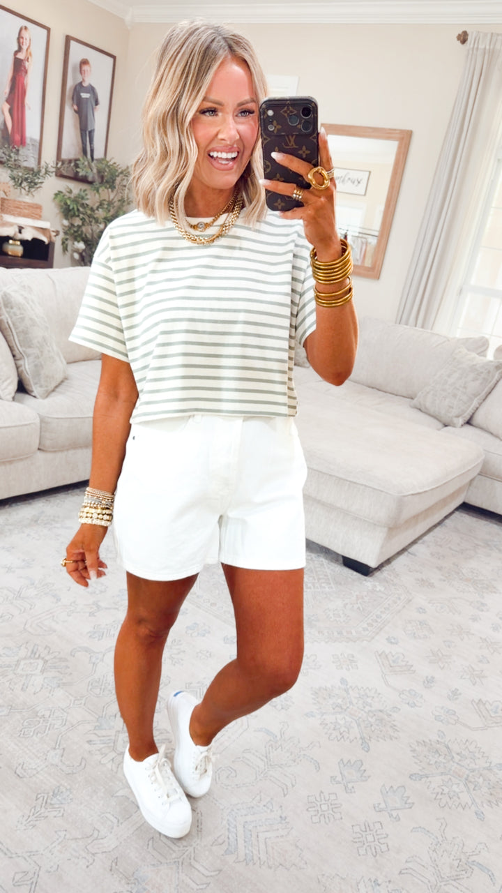 The Essential Cropped Stripe Tee-Sage Green