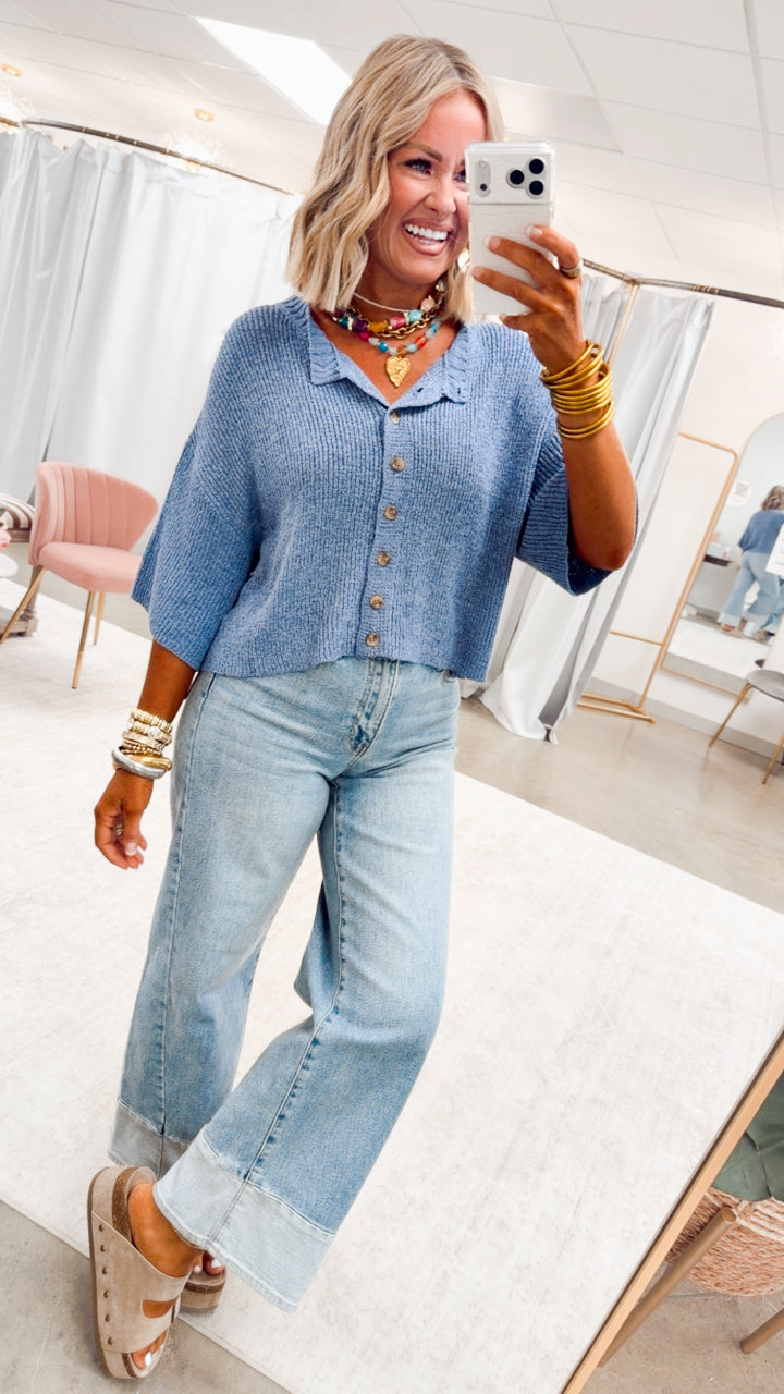 The Brandi Button Down Cardigan-Dusty Blue