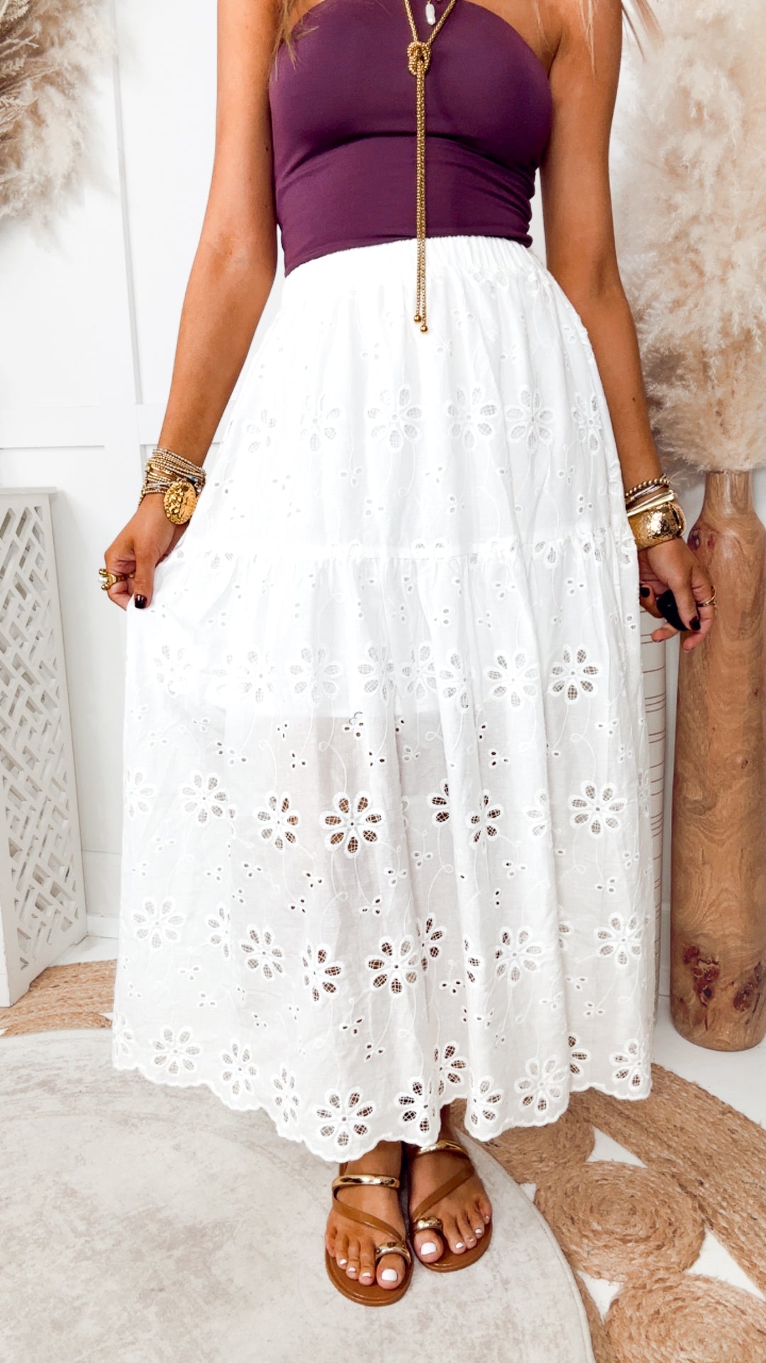 Raeyn Eyelet Tiered Midi Skirt