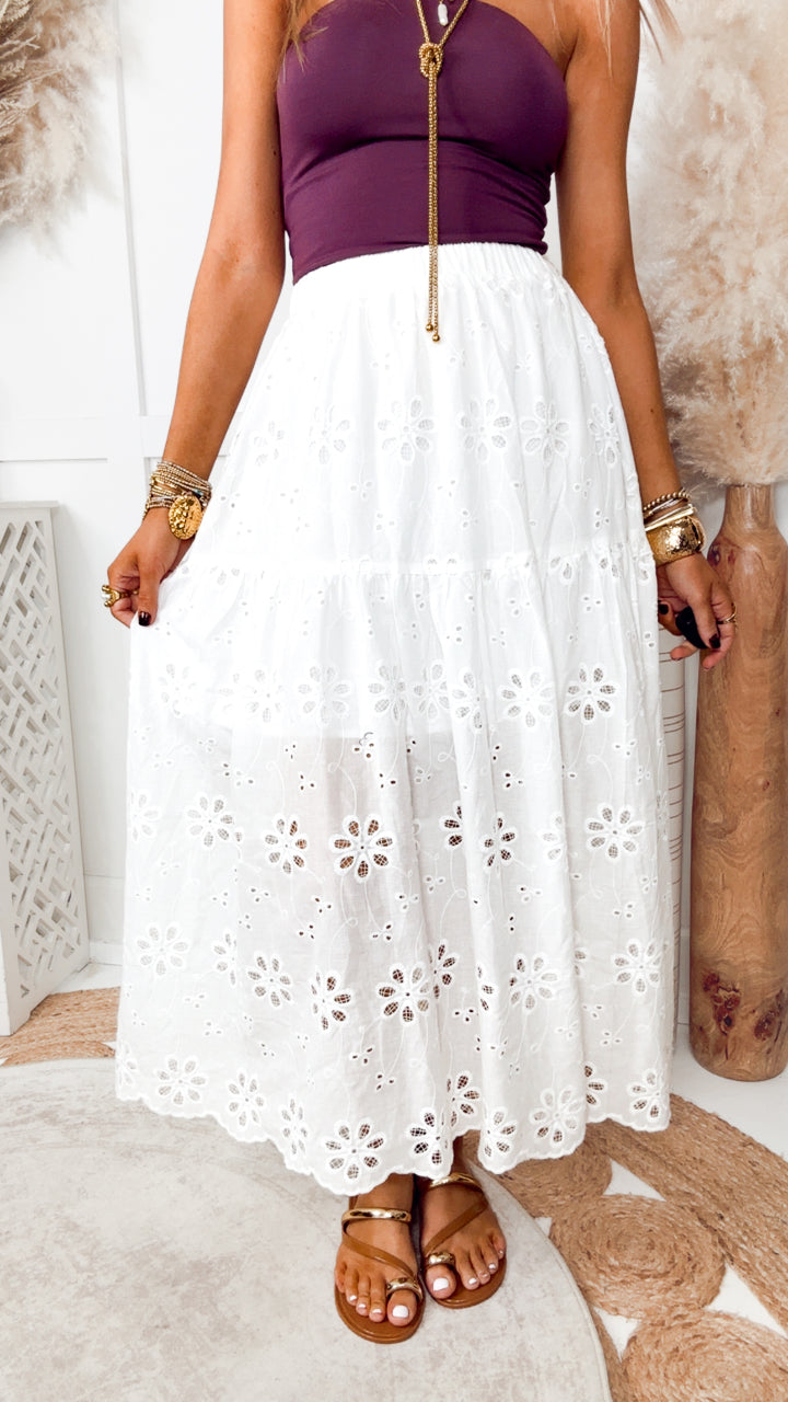 Raeyn Eyelet Tiered Midi Skirt