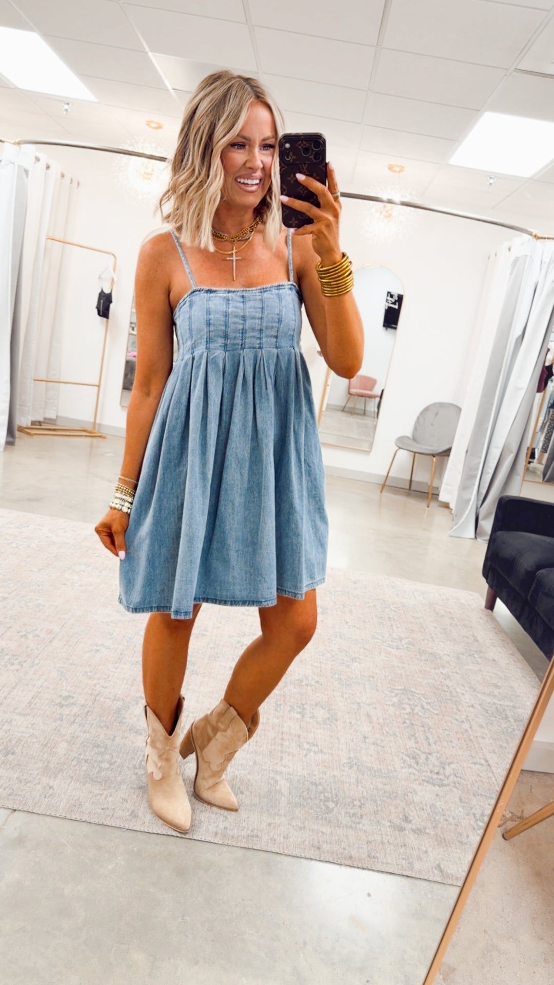 Teagan Pleated Mini Dress-Medium Denim