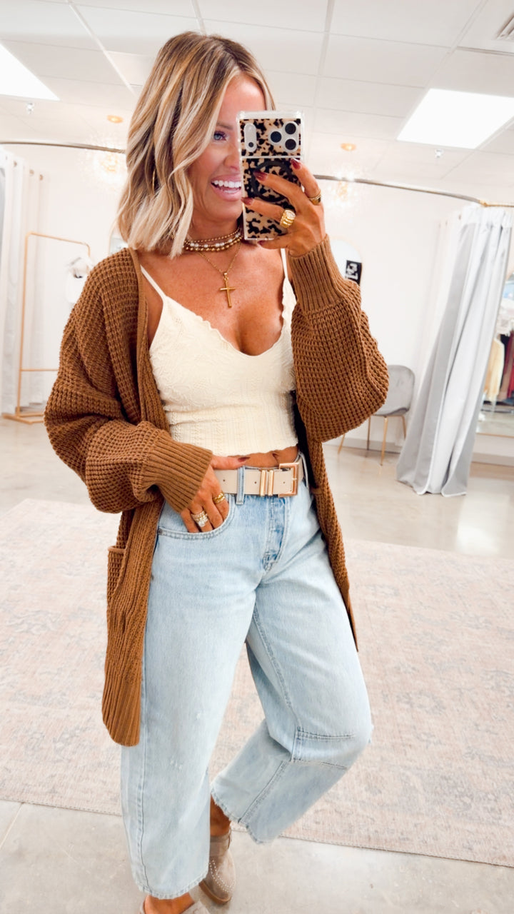 Deep Camel Waffle Weave Cardigan