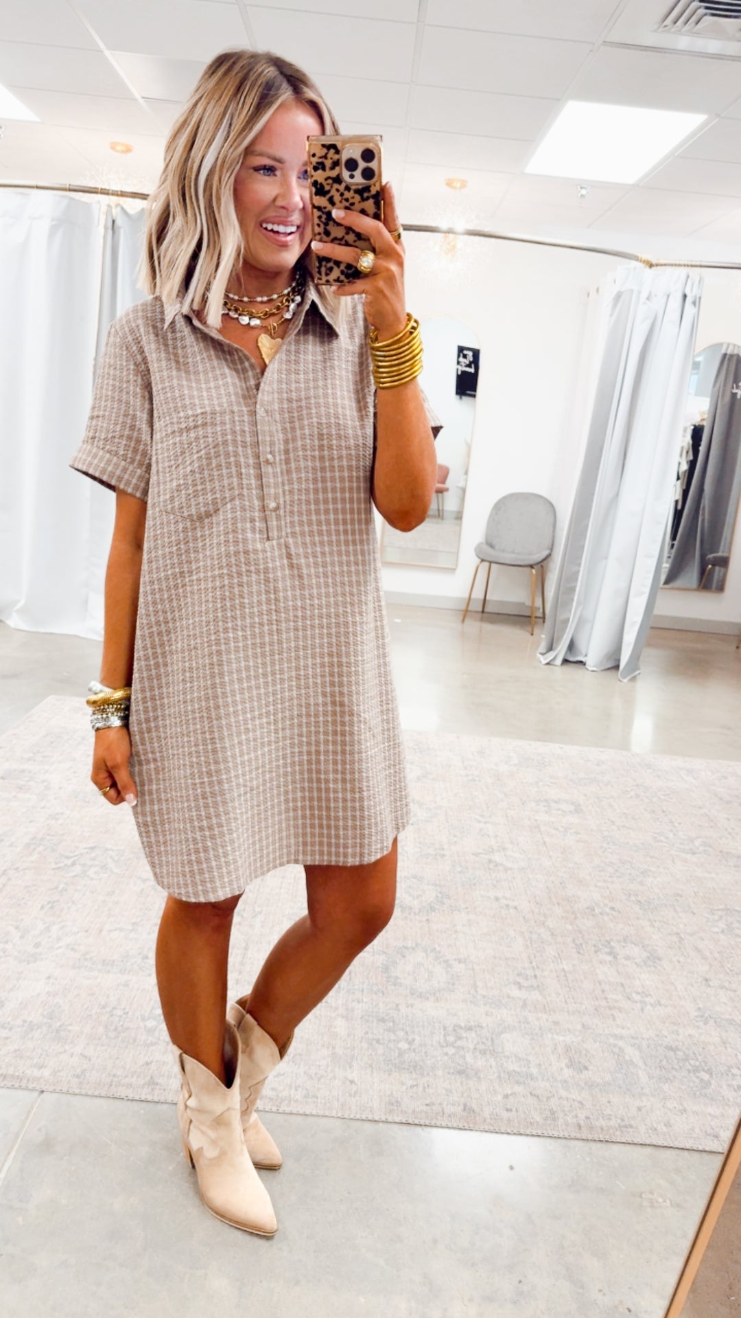 Checkered Shirt Dress-Mocha