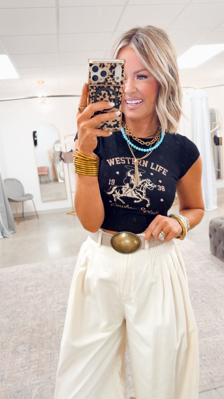 Western Life Graphic Crop Tee-Black