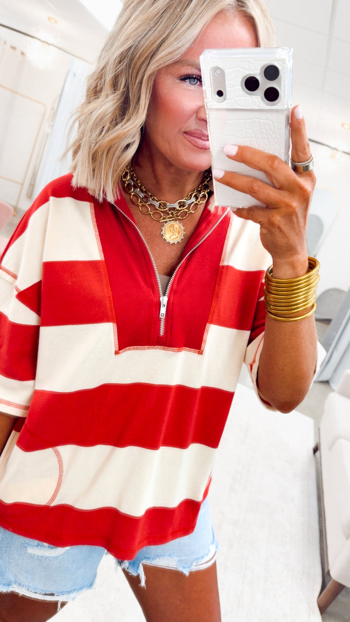 The Collins Half Zip Top-Red/Cream