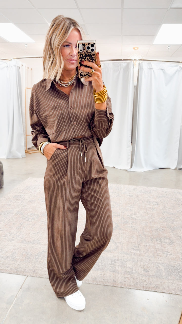 Lexi Pinstripe Top & Pants Set-Brown