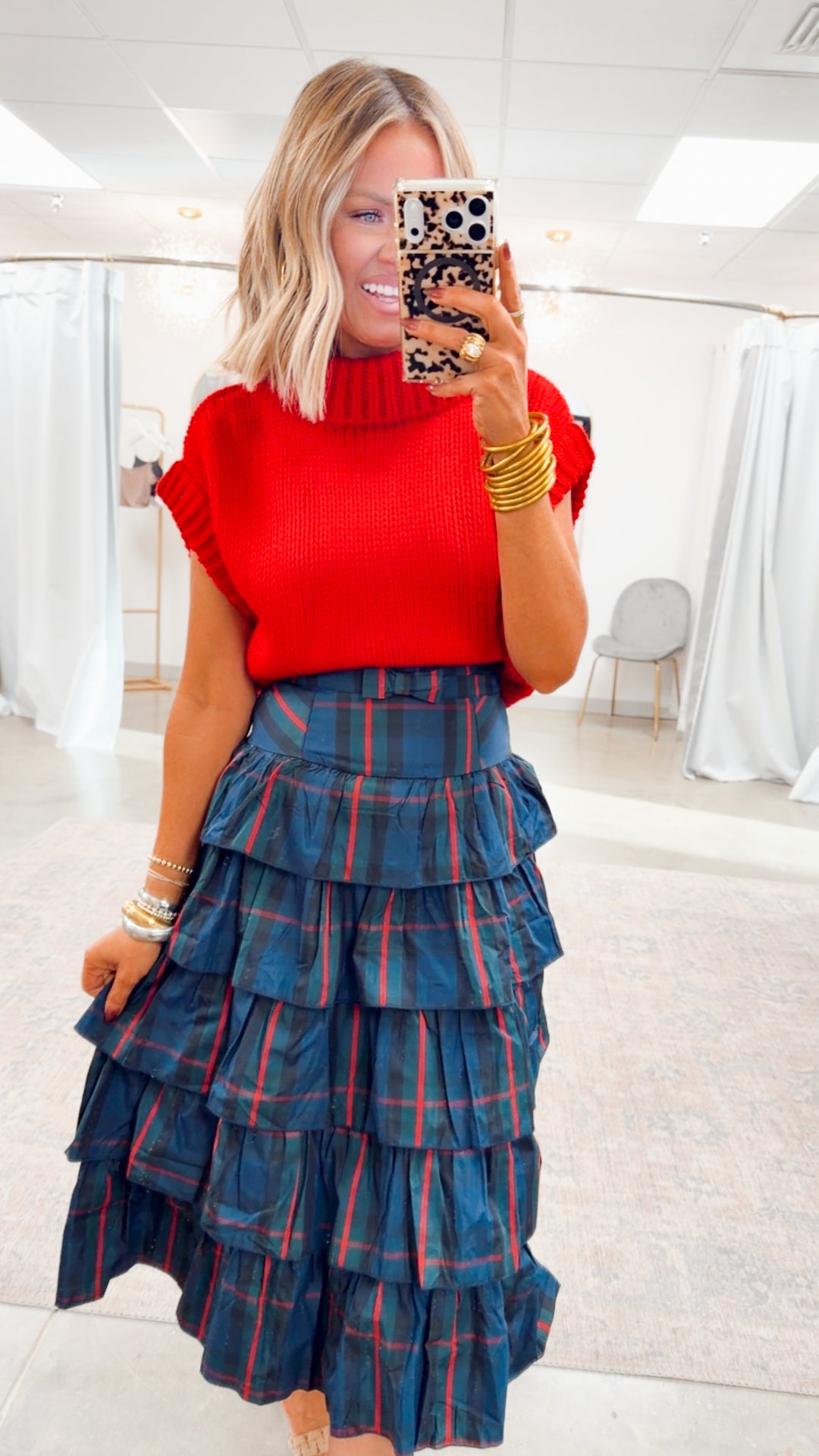 Holiday Checkered Tiered Midi Skirt