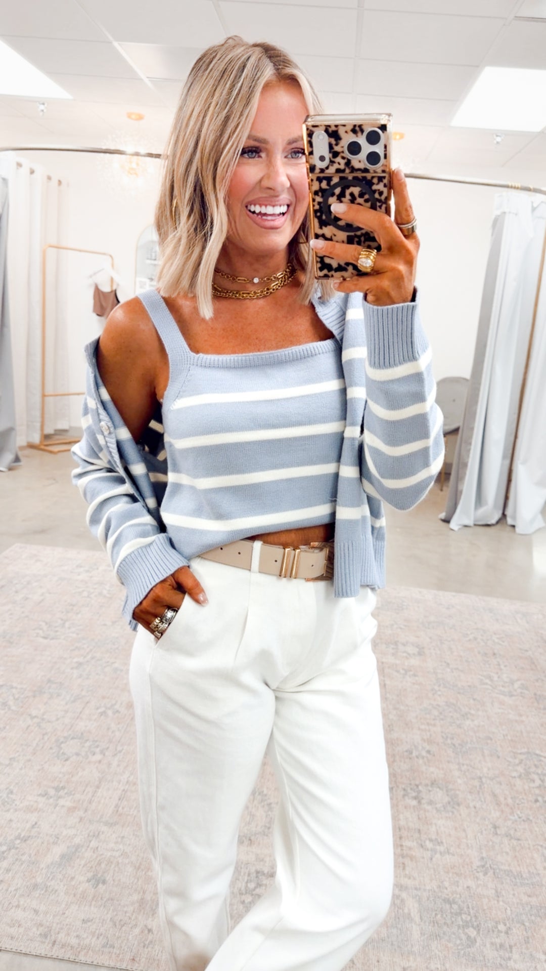 Hazelwood Cami & Cardigan Set-Blue/Cream