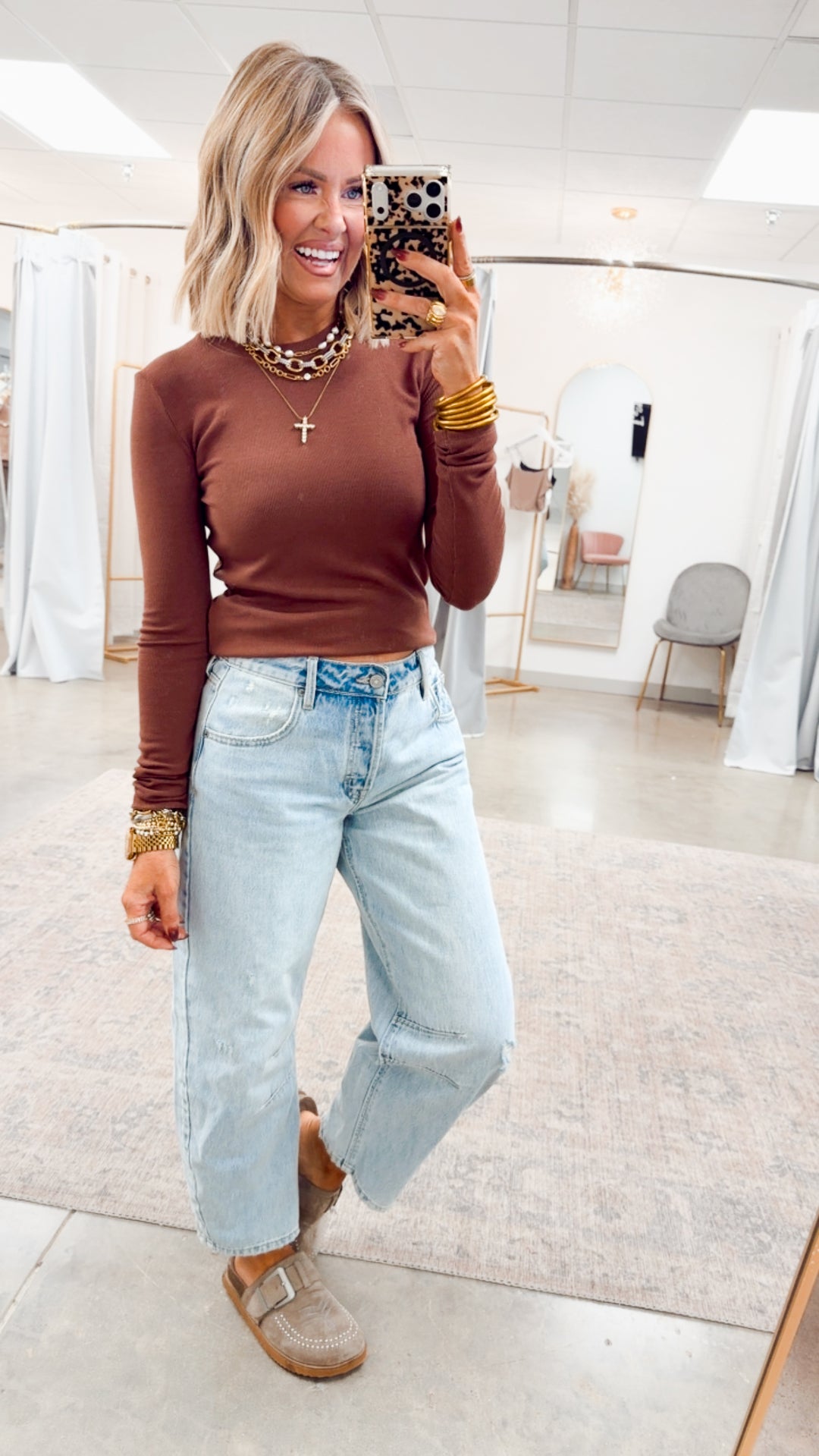 Round Neck Fitted Ribbed Top-Espresso