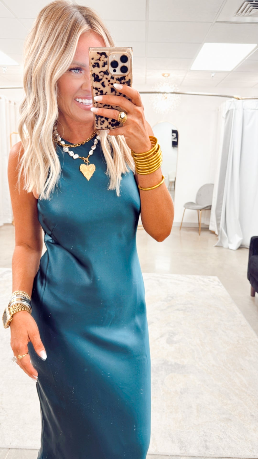 Satin Charm Midi Dress-Dark Green