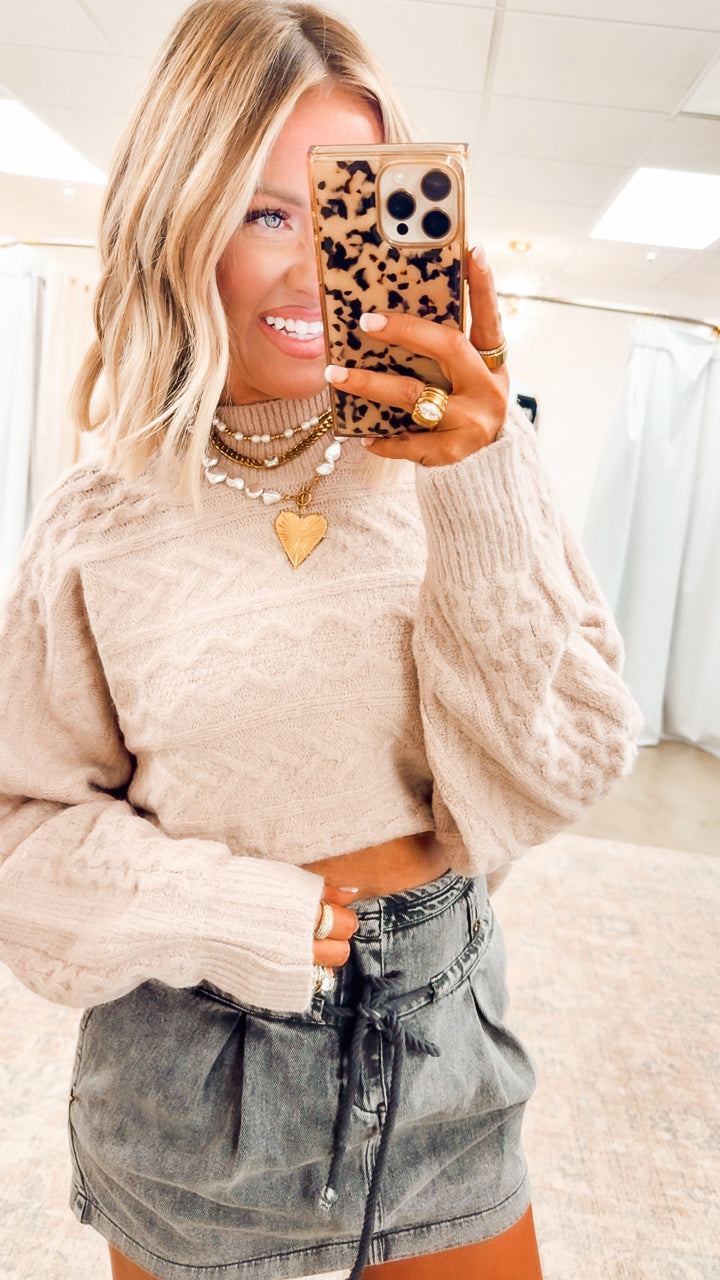 Brielle Cable Knit Cropped Sweater-Rose