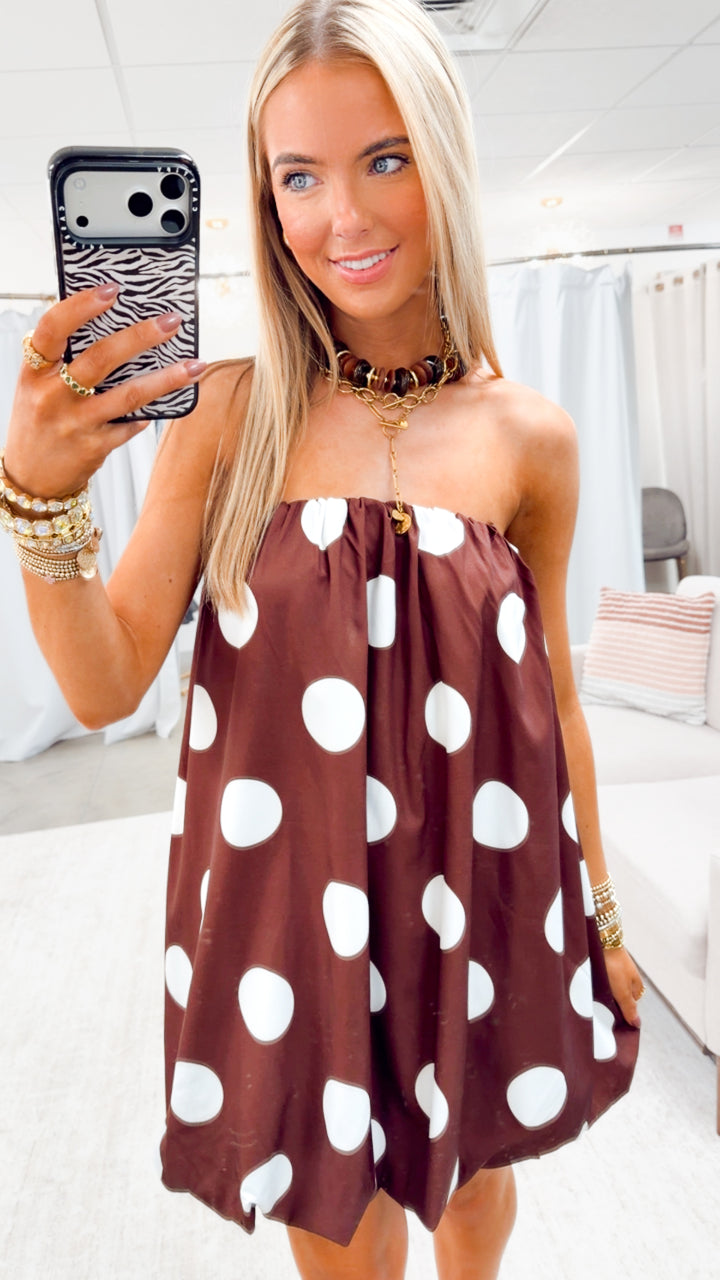 Darling Polka Dot Bubble Hem Dress-Brown/Ivory